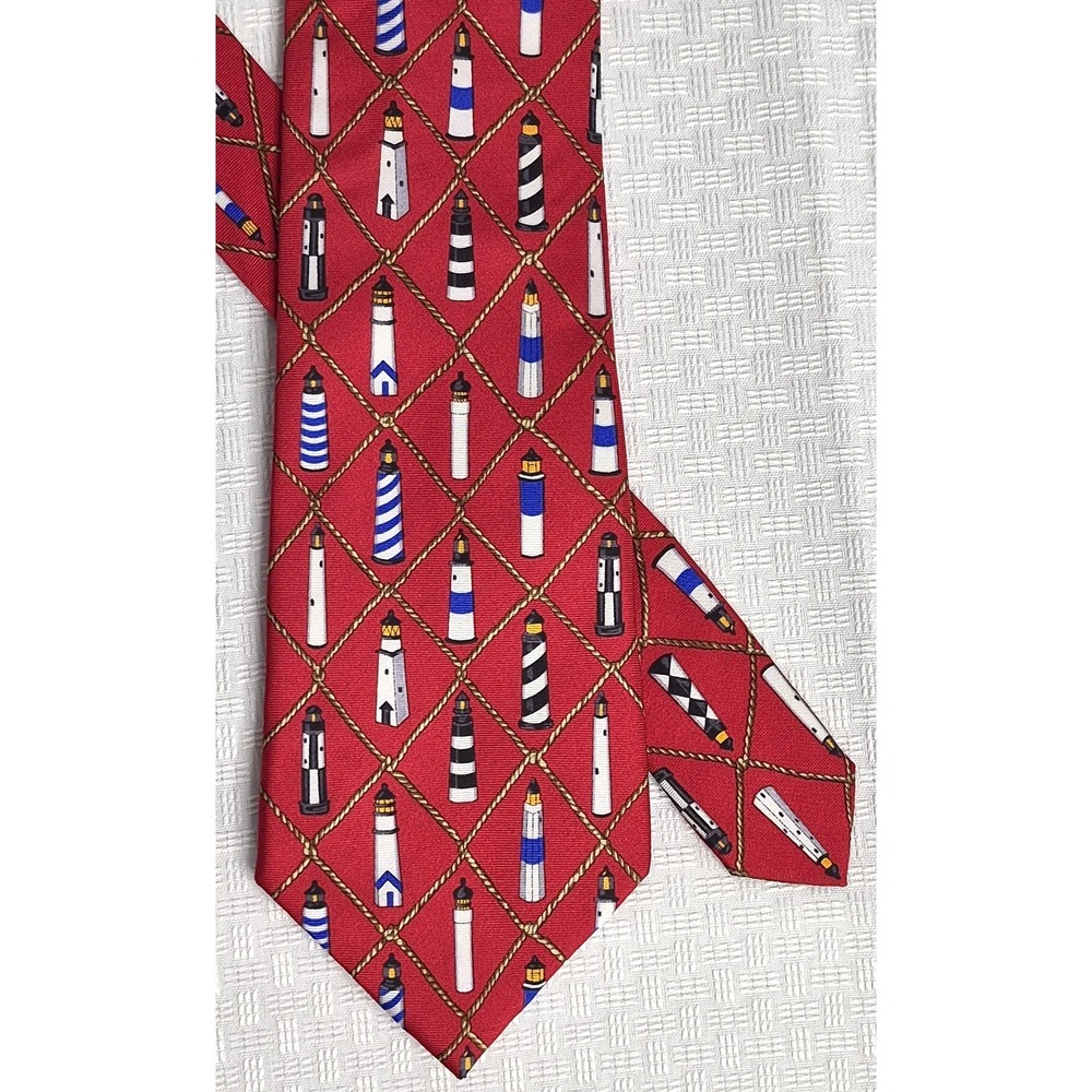 Alynn Neckwear Eric Holch Red 100% Silk Mens Tie Lighthouses  Nautical 58x3-5/8"